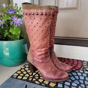 MJUS Italian Studded Red Brown Leather Heel Boots Textured Cut Outs Size 38 US 8
